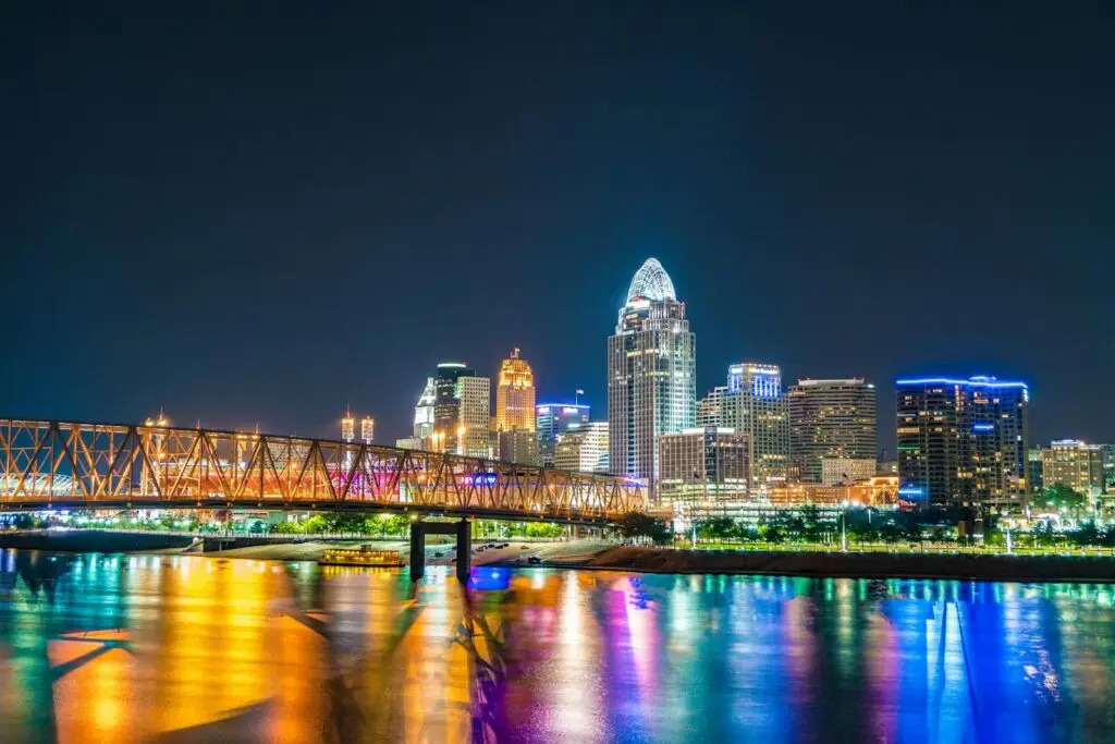 Captivating view of Cincinnati Ohio skyline with bridge reflections on Ohio River at night.